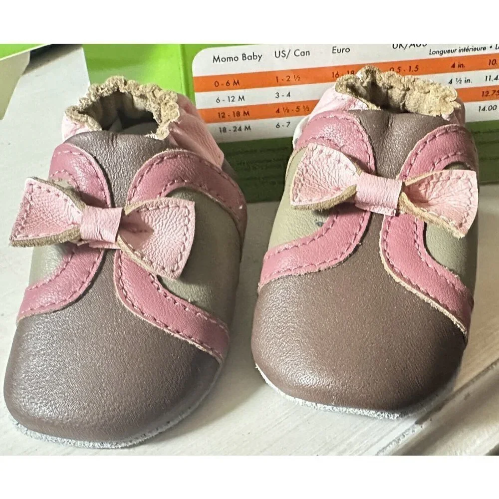 Momo Baby 0-6 Month Soft Sole Bootie Leather Baby Shoes Brown‎ And Pink Bow New